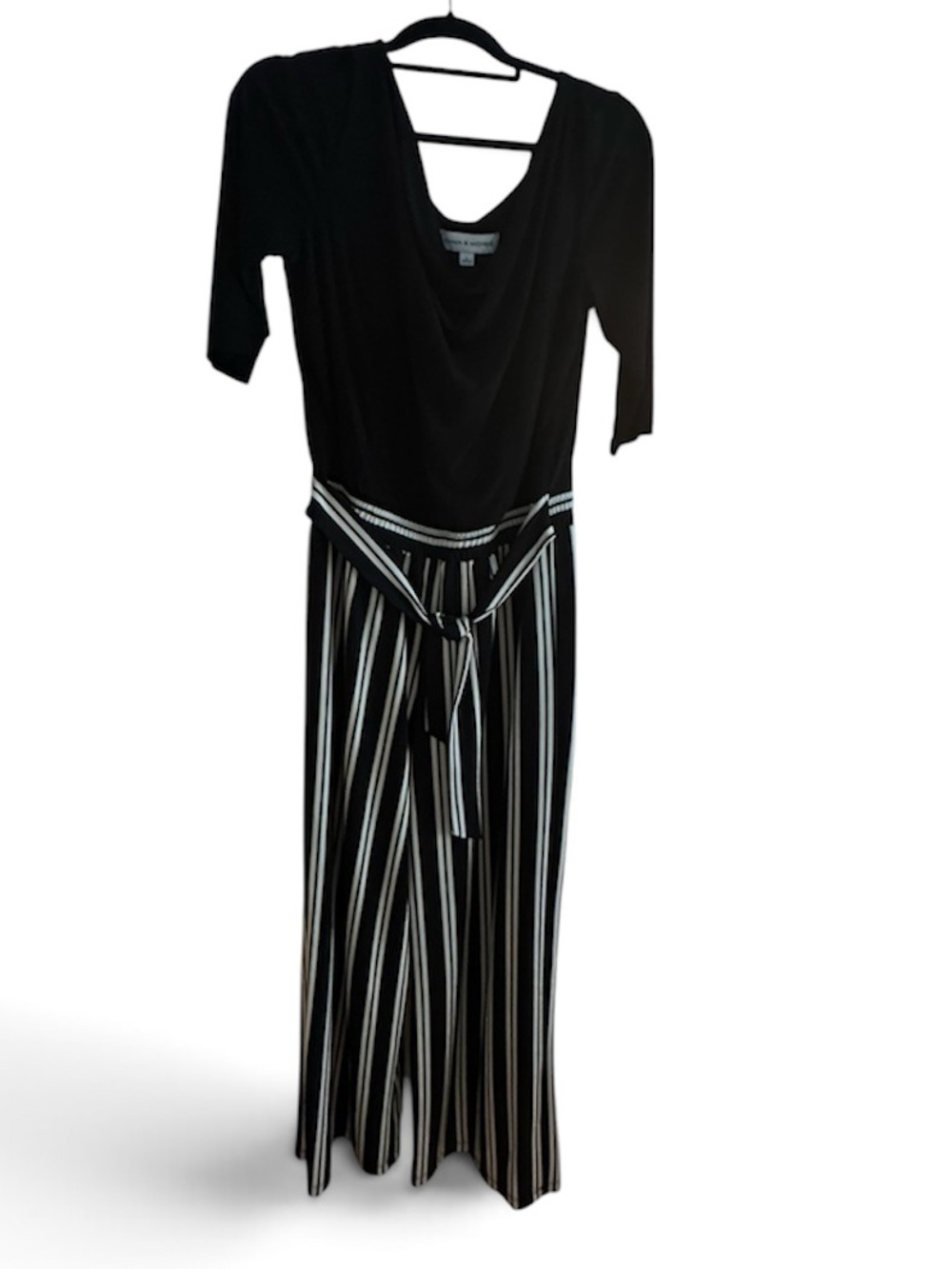 Emma & Michele Black Top with Black and White Striped Jumpsuit